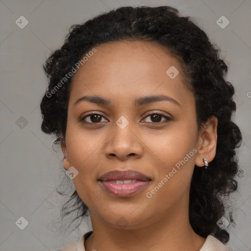 Joyful latino young-adult female with medium  black hair and brown eyes