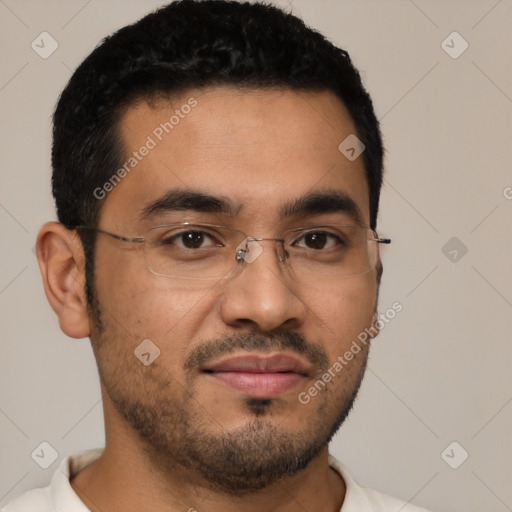 Joyful latino young-adult male with short  black hair and brown eyes