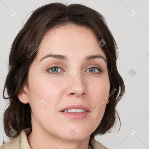 Neutral white young-adult female with medium  brown hair and grey eyes