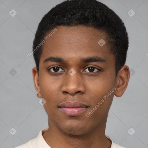 Joyful latino young-adult male with short  brown hair and brown eyes