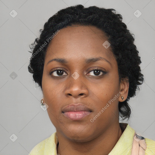 Neutral black young-adult female with short  black hair and brown eyes