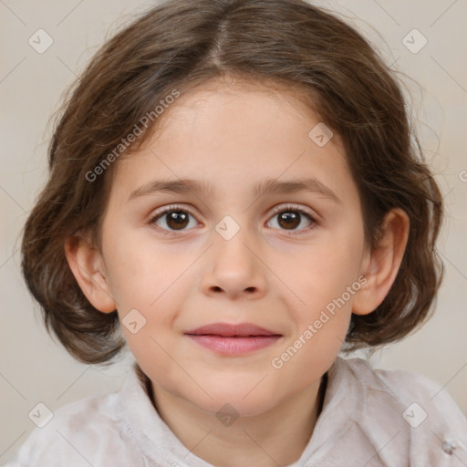 Joyful white child female with medium  brown hair and brown eyes