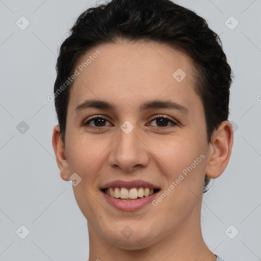 Joyful white young-adult female with short  brown hair and brown eyes