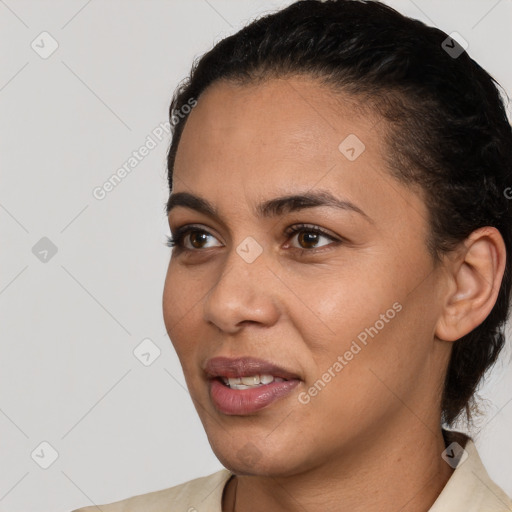 Joyful white young-adult female with short  brown hair and brown eyes