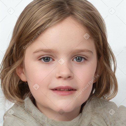 Neutral white child female with medium  brown hair and grey eyes