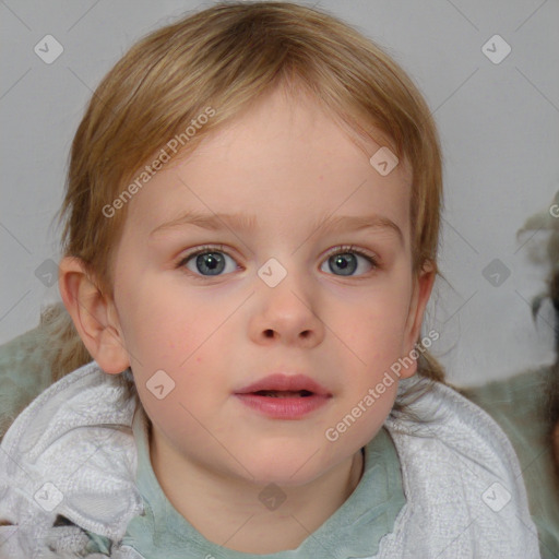 Neutral white child female with medium  brown hair and blue eyes