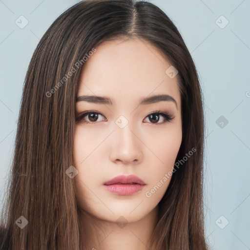 Neutral white young-adult female with long  brown hair and brown eyes