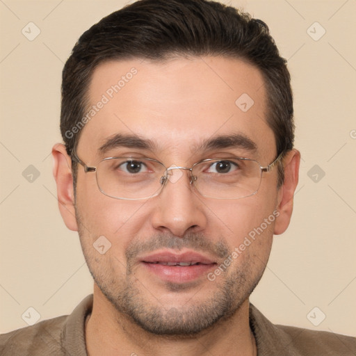 Joyful white adult male with short  brown hair and brown eyes