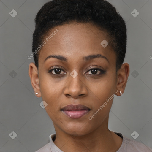 Joyful black young-adult female with short  brown hair and brown eyes