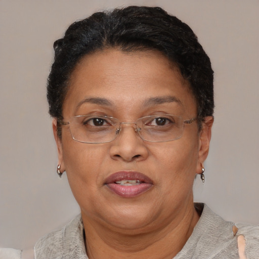 Joyful black adult female with short  brown hair and brown eyes