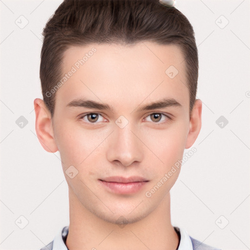 Neutral white young-adult male with short  brown hair and brown eyes