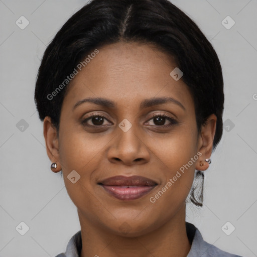 Joyful latino young-adult female with short  brown hair and brown eyes