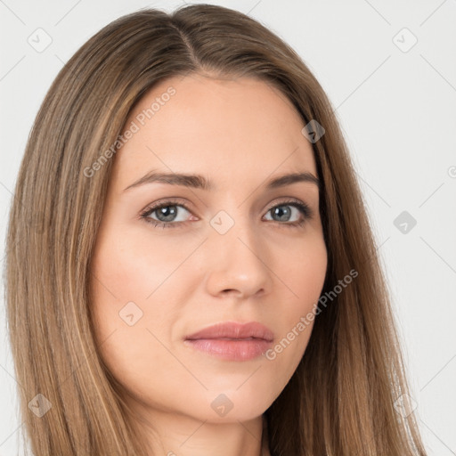 Neutral white young-adult female with long  brown hair and brown eyes