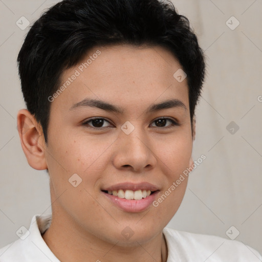 Joyful asian young-adult female with short  brown hair and brown eyes