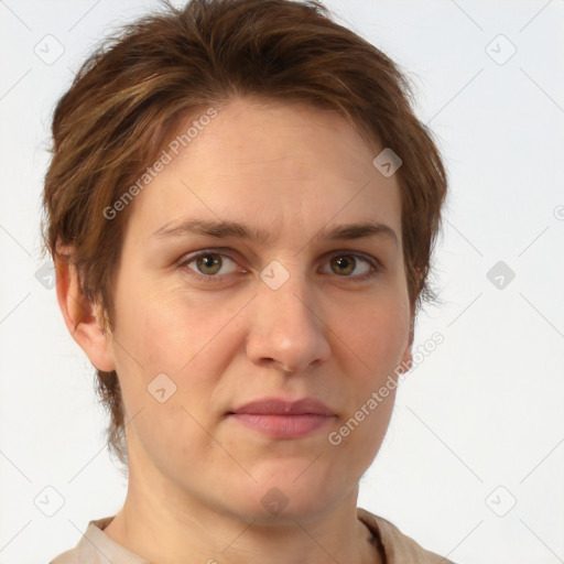 Joyful white adult female with short  brown hair and grey eyes