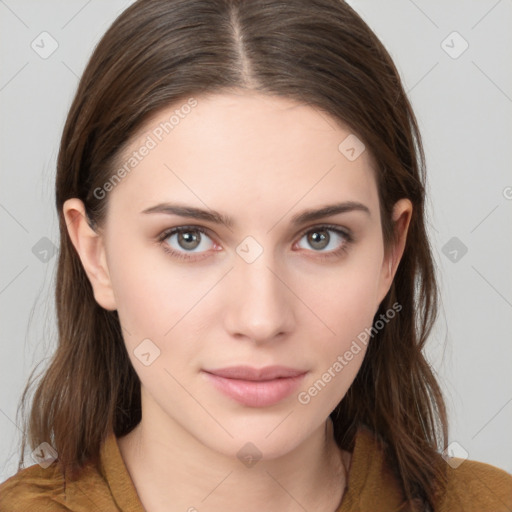 Neutral white young-adult female with medium  brown hair and brown eyes