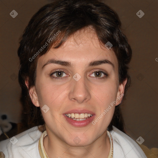 Joyful white young-adult female with medium  brown hair and blue eyes