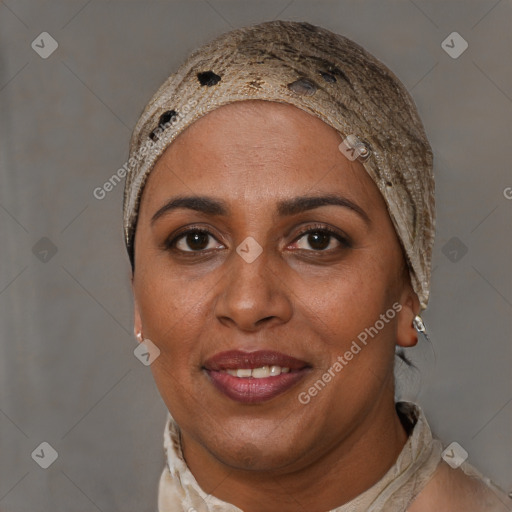 Joyful black adult female with short  brown hair and brown eyes