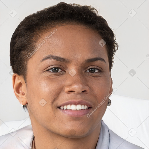 Joyful white young-adult female with short  brown hair and brown eyes