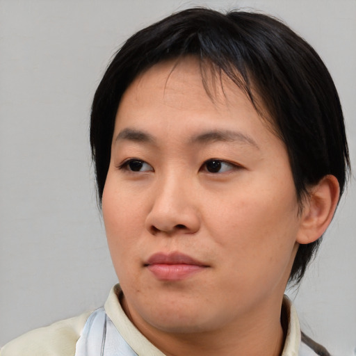 Neutral asian young-adult female with medium  brown hair and brown eyes