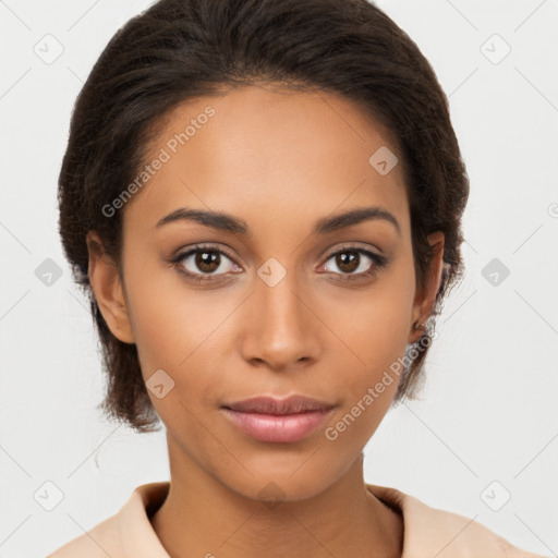 Neutral latino young-adult female with medium  brown hair and brown eyes