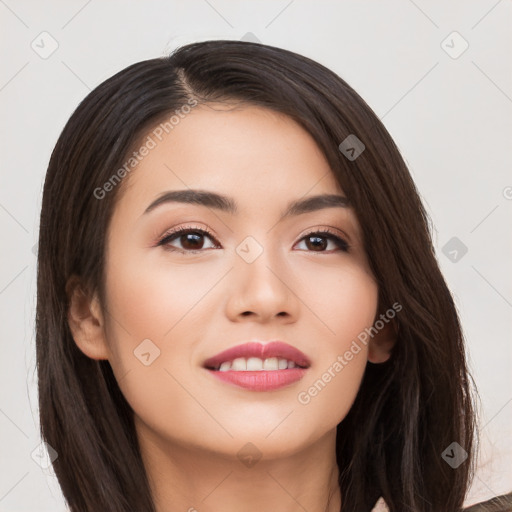 Joyful asian young-adult female with long  brown hair and brown eyes