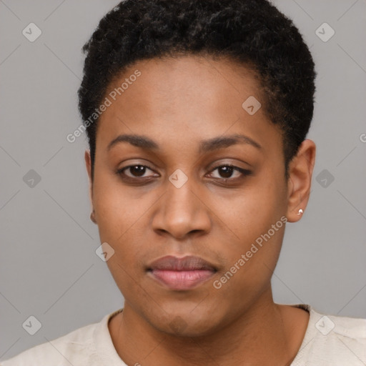 Neutral black young-adult female with short  black hair and brown eyes