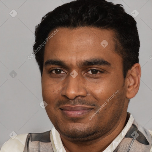 Joyful black young-adult male with short  black hair and brown eyes