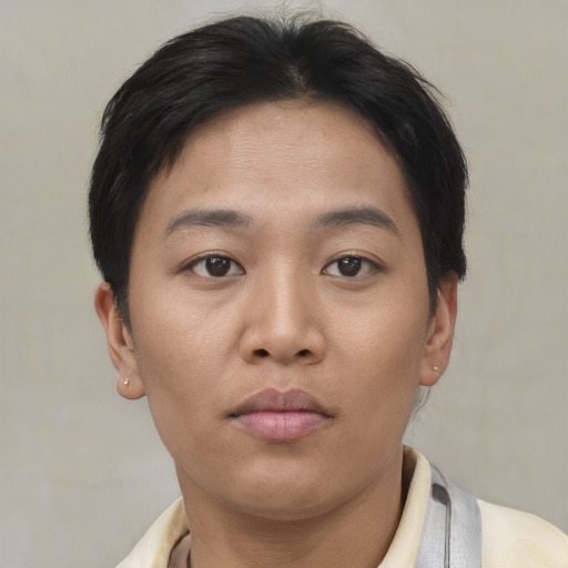 Neutral asian young-adult female with short  brown hair and brown eyes