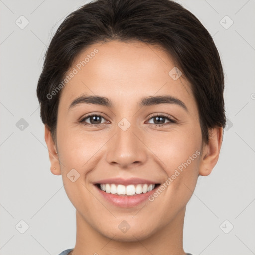 Joyful white young-adult female with short  brown hair and brown eyes