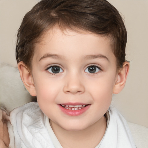 Joyful white child female with short  brown hair and brown eyes