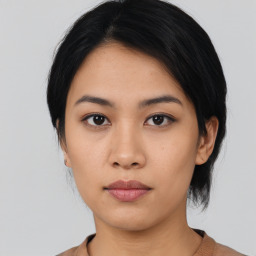 Neutral asian young-adult female with medium  black hair and brown eyes