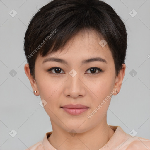 Joyful asian young-adult female with short  brown hair and brown eyes