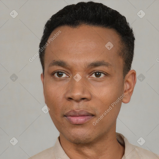 Neutral latino young-adult male with short  black hair and brown eyes