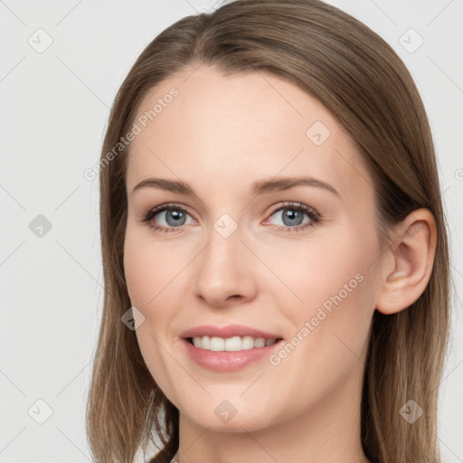 Joyful white young-adult female with long  brown hair and grey eyes