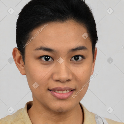 Joyful latino young-adult female with short  brown hair and brown eyes