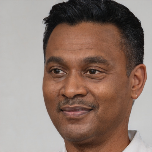 Joyful black adult male with short  black hair and brown eyes