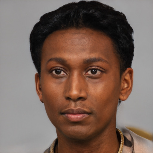 Neutral black young-adult male with short  black hair and brown eyes