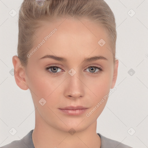 Neutral white young-adult female with short  brown hair and brown eyes