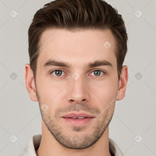 Neutral white young-adult male with short  brown hair and brown eyes