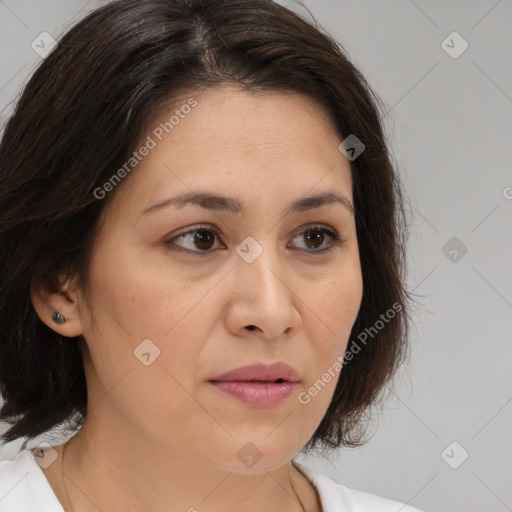 Neutral white adult female with medium  brown hair and brown eyes