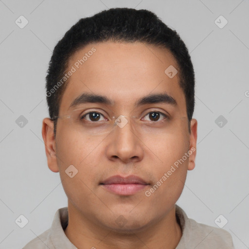 Neutral latino young-adult male with short  black hair and brown eyes