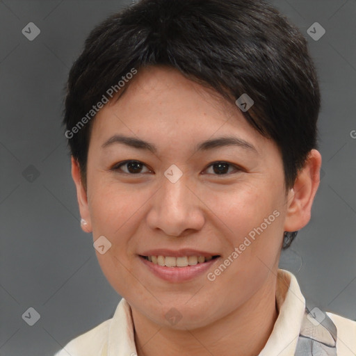 Joyful white young-adult female with short  brown hair and brown eyes