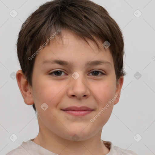 Joyful white child female with short  brown hair and brown eyes