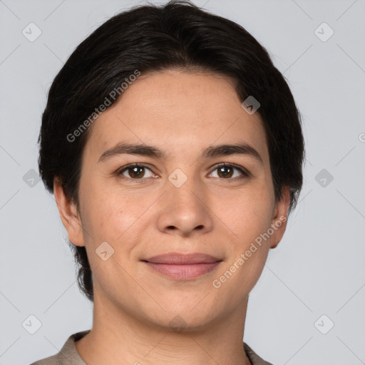 Joyful white young-adult female with short  brown hair and brown eyes