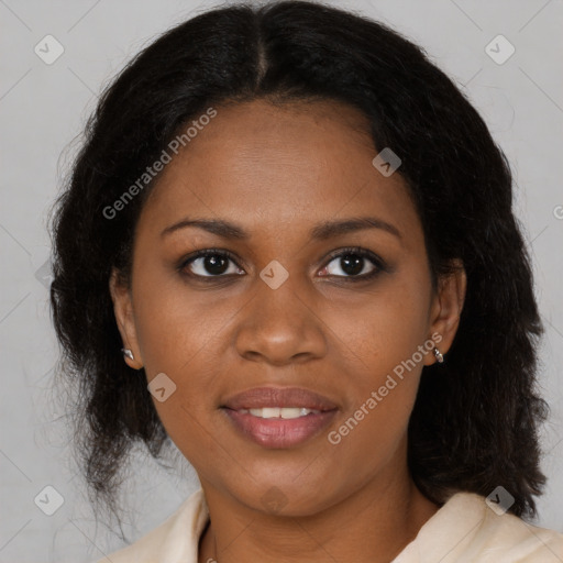 Joyful black young-adult female with medium  brown hair and brown eyes