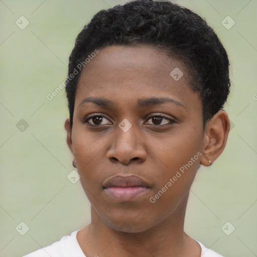 Neutral black young-adult female with short  black hair and brown eyes