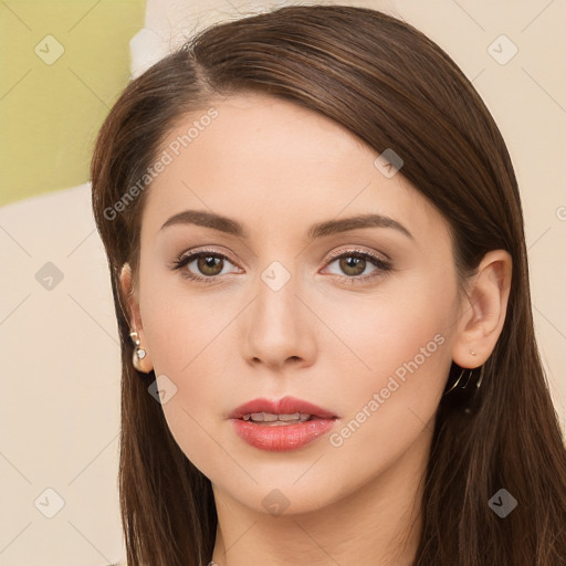 Neutral white young-adult female with long  brown hair and brown eyes