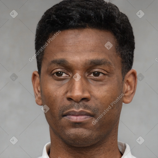 Neutral black young-adult male with short  black hair and brown eyes