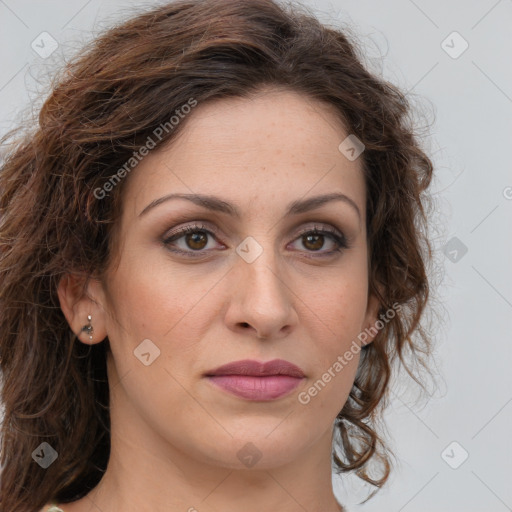 Joyful white young-adult female with medium  brown hair and green eyes